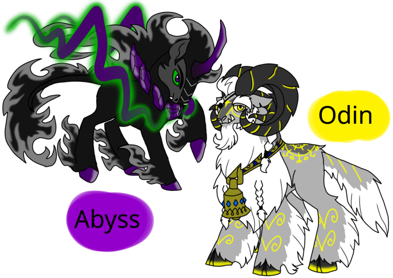 Size: 1414x1000 | Tagged: safe, artist:zetikoopa, derpibooru import, oc, oc:abyss arturus, oc:odin, goat, pony, sheep, umbrum, unicorn, image, immortal, male, png, ram, stallion