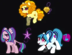 Size: 3500x2665 | Tagged: safe, artist:mint-light, artist:thatonenicekitty, derpibooru import, adagio dazzle, aria blaze, sonata dusk, ponified, earth pony, pony, base used, black background, blushing, clothes, equestria girls ponified, female, fishnets, gem, image, leonine tail, mare, necktie, open mouth, png, raised hoof, raised leg, simple background, siren gem, socks, stockings, tail, the dazzlings, thigh highs, trio