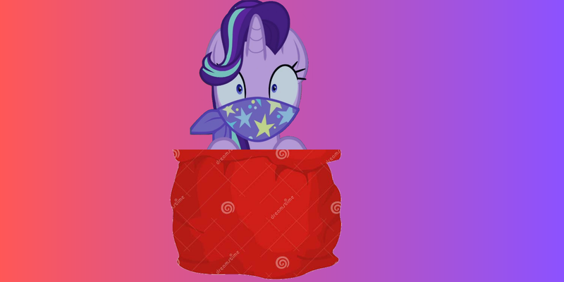 Size: 6912x3456 | Tagged: safe, derpibooru import, starlight glimmer, pony, unicorn, road to friendship, cloth gag, gag, image, over the nose gag, png, sack, scared, starlight glimmer is best facemaker, starlight's gag, worried