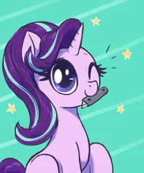 Size: 2000x2400 | Tagged: safe, artist:t72b, derpibooru import, starlight glimmer, pony, unicorn, female, historical roleplay starlight, image, looking at you, mare, mouth hold, one eye closed, png, razor, smiling, solo, stars, wink