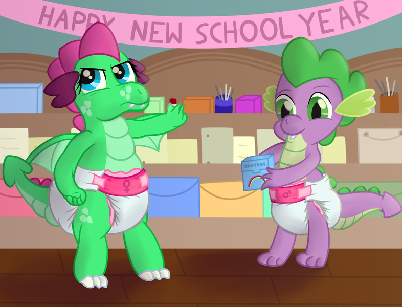 Size: 3400x2595 | Tagged: questionable, artist:sweetielover, derpibooru import, spike, oc, oc:goldigony, dragon, back to school, banner, bored, crayon, diaper, diaper fetish, dragoness, duo, female, fetish, folder, happy, high res, image, male, pen, png