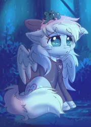 Size: 1876x2619 | Tagged: safe, artist:zobaloba, derpibooru import, oc, oc:blazey sketch, unofficial characters only, frog, pegasus, bow, clothes, crying, forest, forest background, hair bow, image, jpeg, multicolored hair, pegasus oc, rain, sad, sitting, solo, sweater, tree, wings