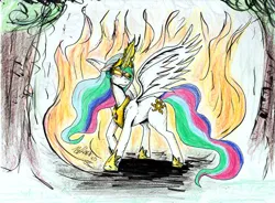 Size: 1056x776 | Tagged: safe, artist:masterdarhil, derpibooru import, princess celestia, angry, colored pencil drawing, fanfic art, fire, glow, glowing eyes, glowing horn, horn, image, jpeg, traditional art, wavy mane