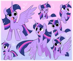 Size: 2538x2139 | Tagged: safe, artist:syrupyyy, derpibooru import, twilight sparkle, twilight sparkle (alicorn), alicorn, pony, unicorn, blushing, cute, eye clipping through hair, eyes closed, female, filly, filly twilight sparkle, foal, heart, high res, horn, image, jpeg, mare, multeity, no catchlights, open mouth, open smile, smiling, solo, sparkle sparkle sparkle, sparkles, spread wings, thousand yard stare, twiabetes, unicorn twilight, wings, younger