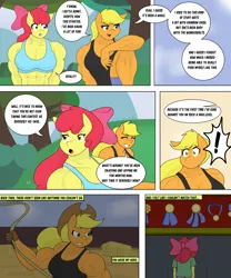Size: 4484x5401 | Tagged: safe, artist:matchstickman, derpibooru import, apple bloom, applejack, anthro, earth pony, pony, tumblr:where the apple blossoms, abs, apple bloom's bow, apple brawn, applejack's hat, applejacked, biceps, bow, breasts, busty apple bloom, busty applejack, clothes, comic, cowboy hat, deltoids, dialogue, duo, exclamation point, female, flashback, hair bow, hat, image, mare, matchstickman's apple brawn series, medals, muscles, muscular female, older, older apple bloom, pecs, png, rope, speech bubble
