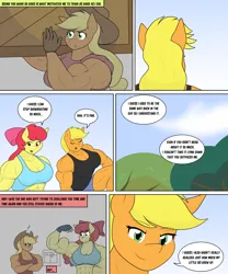 Size: 4484x5401 | Tagged: safe, artist:matchstickman, derpibooru import, apple bloom, applejack, anthro, earth pony, pony, tumblr:where the apple blossoms, abs, apple bloom's bow, apple brawn, applejack's hat, applejacked, armpits, bicep flex, biceps, bow, breasts, busty apple bloom, busty applejack, clothes, comic, cowboy hat, deltoids, dialogue, duo, female, flexing, hair bow, hat, image, mare, matchstickman's apple brawn series, muscles, muscular female, older, older apple bloom, pecs, png, scoreboard, speech bubble, thighs, thunder thighs, triceps