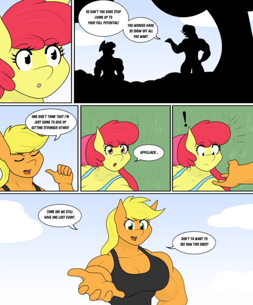 Size: 4484x5401 | Tagged: safe, artist:matchstickman, derpibooru import, apple bloom, applejack, anthro, earth pony, pony, tumblr:where the apple blossoms, apple brawn, applejacked, biceps, breasts, busty apple bloom, busty applejack, clothes, comic, dialogue, duo, exclamation point, female, image, looking at you, mare, matchstickman's apple brawn series, muscles, muscular female, older, older apple bloom, png, silhouette, speech bubble, sweet apple acres