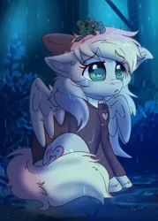 Size: 1876x2619 | Tagged: safe, artist:zobaloba, derpibooru import, oc, oc:blazey sketch, unofficial characters only, frog, pegasus, alone, bow, clothes, crying, female, floppy ears, forest, forest background, green eyes, grey fur, hair bow, image, jpeg, multicolored hair, pegasus oc, rain, sad, small wings, solo, solo female, sweater, tree, wings