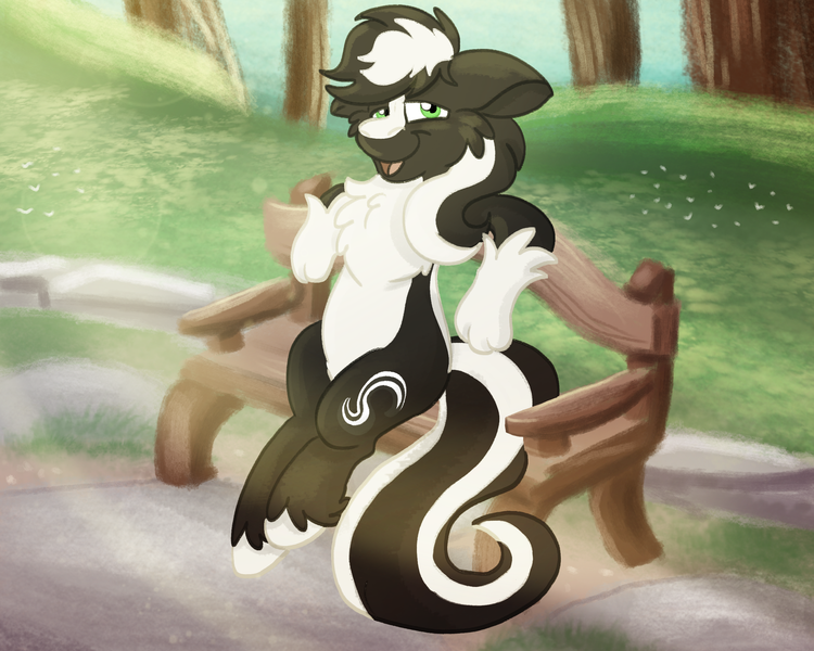 Size: 2500x2000 | Tagged: safe, artist:euspuche, derpibooru import, oc, oc:zenawa skunkpony, earth pony, hybrid, pony, skunk, skunk pony, bench, chest fluff, earth pony oc, featureless crotch, floppy ears, hybrid oc, image, looking at you, male, open mouth, outdoors, park, park bench, paws, png, resting, sitting, smiling, solo, solo male, stallion, tail, unshorn fetlocks