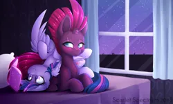 Size: 1730x1040 | Tagged: safe, artist:scarlet-spectrum, derpibooru import, fizzlepop berrytwist, tempest shadow, twilight sparkle, twilight sparkle (alicorn), alicorn, pony, unicorn, bed, blushing, book, broken horn, curtains, duo, duo female, eye scar, eyebrows, facial scar, female, glow, glowing horn, horn, image, indoors, laying on bed, lesbian, levitation, lying down, magic, magic aura, mare, night, night sky, on back, on bed, one wing out, pillow, png, prone, reading, scar, shipping, sky, smiling, stars, telekinesis, tempestlight, window, wings