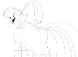 Size: 9779x7111 | Tagged: safe, artist:_ton618_, twilight sparkle, pony, unicorn, art pack:forbidden knowledge, alternate hairstyle, butt, clothes, dress, female, happy, image, looking at you, looking back, looking back at you, mare, monochrome, plot, png, sketch, solo, solo female, tail, unicorn twilight, wedding dress