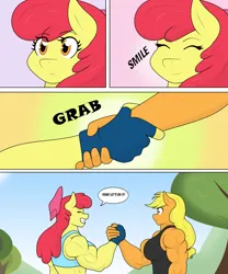Size: 4484x5401 | Tagged: safe, artist:matchstickman, derpibooru import, apple bloom, applejack, anthro, earth pony, pony, tumblr:where the apple blossoms, abs, apple bloom's bow, apple brawn, applejacked, biceps, bow, breasts, busty apple bloom, busty applejack, clothes, comic, deltoids, dialogue, duo, female, fingerless gloves, gloves, hair bow, image, mare, matchstickman's apple brawn series, muscles, muscular female, older, older apple bloom, png, speech bubble, sweet apple acres