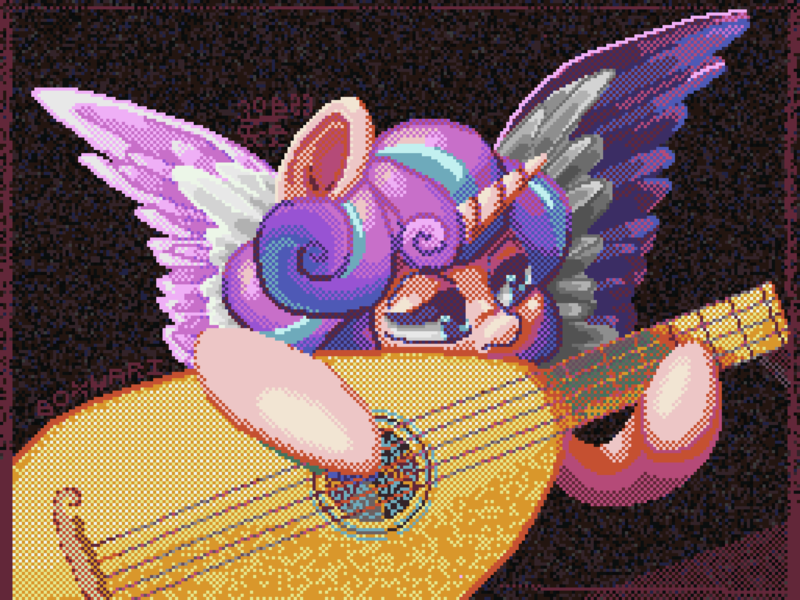 Size: 3840x2880 | Tagged: safe, artist:boxwari, derpibooru import, princess flurry heart, alicorn, pony, baby, baby pony, dexterous hooves, female, filly, fine art parody, foal, guitar, high res, hoof hold, image, musical instrument, pixel art, png, solo, spread wings, wings