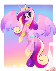 Size: 895x1135 | Tagged: safe, artist:petaltwinkle, derpibooru import, princess cadance, alicorn, crystal pony, pony, crystallized, female, flying, gradient background, image, jpeg, looking at you, mare, passepartout, signature, smiling, smiling at you, solo