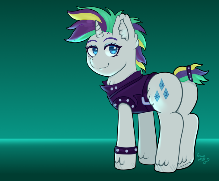 Size: 3388x2800 | Tagged: safe, artist:yumomochan, derpibooru import, rarity, pony, unicorn, alternate hairstyle, bracelet, butt, clothes, ear fluff, female, image, jacket, jewelry, mare, neon, plot, png, punk, raripunk, short hair, short tail, solo, solo female, tail