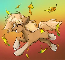 Size: 2700x2511 | Tagged: safe, artist:opalacorn, derpibooru import, ponified, ponified:sgt. reckless, earth pony, pony, blaze (coat marking), coat markings, commission, facial markings, falling leaves, female, grin, image, jpeg, leaves, mare, running, smiling, solo, ych result