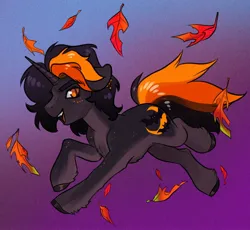 Size: 2700x2481 | Tagged: safe, artist:opalacorn, derpibooru import, oc, oc:hijinx, unofficial characters only, pony, unicorn, commission, disguise, disguised changeling, falling leaves, gradient background, image, jpeg, leaves, male, open mouth, open smile, running, slit pupils, smiling, solo, stallion, ych result