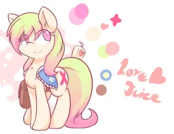 Size: 1400x1080 | Tagged: safe, artist:dshou, derpibooru import, oc, oc:love note, unofficial characters only, earth pony, pony, bag, chest fluff, clothes, earth pony oc, eye clipping through hair, female, image, juice, juice box, mare, png, simple background, solo, white background