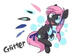 Size: 1400x1080 | Tagged: safe, artist:dshou, derpibooru import, oc, unofficial characters only, earth pony, pony, black coat, bow, earth pony oc, floating, image, looking at you, open mouth, open smile, pink mane, png, ponytail, simple background, smiling, solo, tail, tail bow, white background