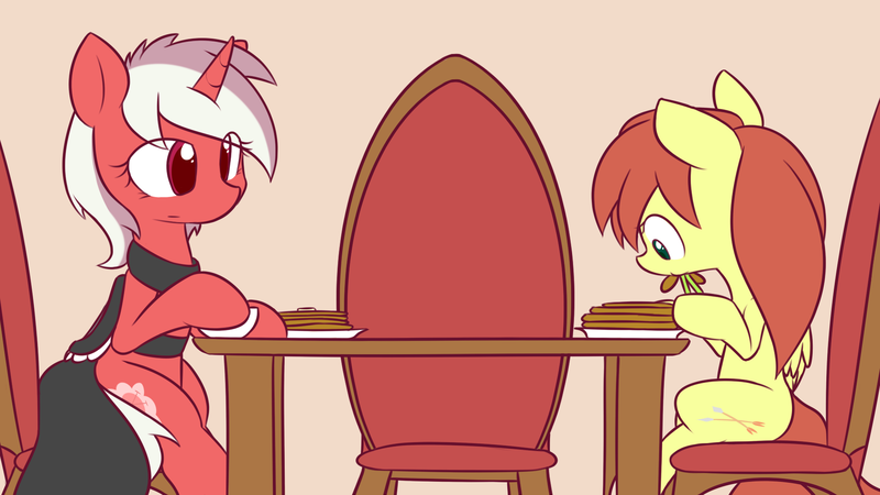 Size: 1920x1080 | Tagged: safe, artist:dshou, derpibooru import, oc, oc:shooting star, oc:violet petal, unofficial characters only, pegasus, pony, unicorn, butter, chair, clothes, duo, eating, female, food, hoof hold, image, mare, pancakes, png, simple background, sitting, table