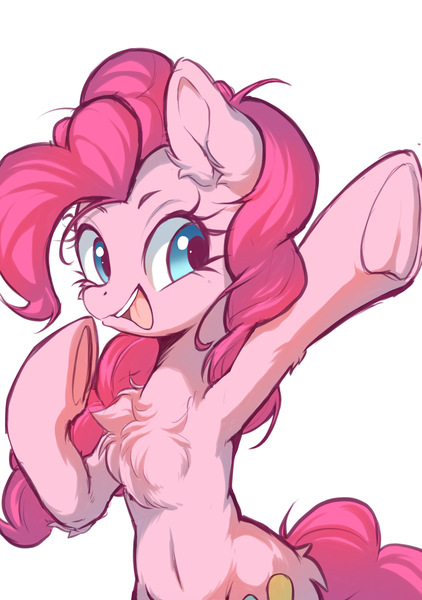 Size: 1535x2185 | Tagged: safe, artist:starbow, derpibooru import, part of a set, pinkie pie, earth pony, pony, belly, belly button, chest fluff, cute, diapinkes, eyebrows, female, image, jpeg, mare, open mouth, open smile, simple background, smiling, solo, underhoof, white background