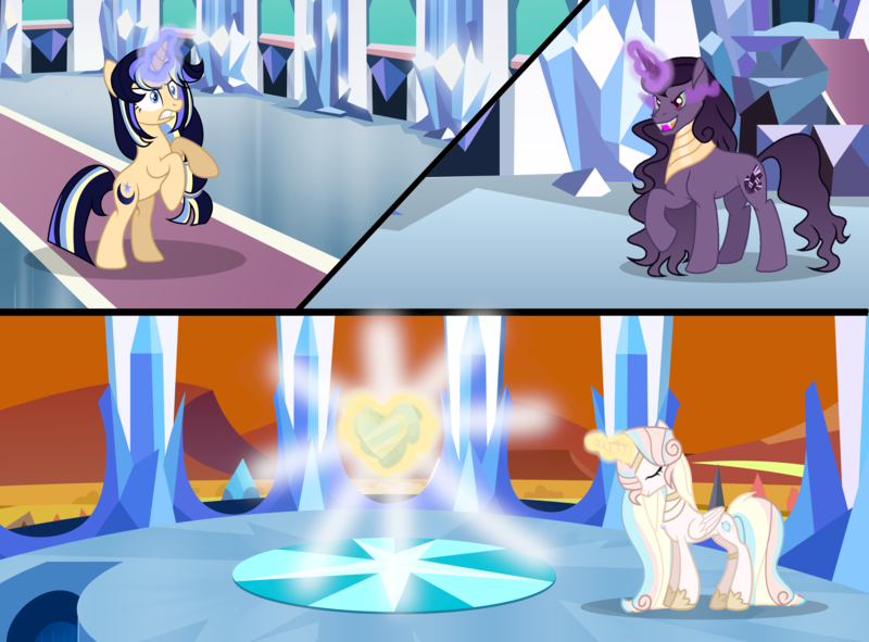 Size: 5328x3936 | Tagged: safe, artist:lavender-bases, artist:pegasister64, artist:quartziie, artist:wonnie-honey-bee, derpibooru import, oc, oc:astral starling sentry, oc:azrael, oc:princess dove, unofficial characters only, alicorn, pony, unicorn, base used, comic, crystal empire, crystal heart, eyes closed, female, glow, glowing horn, horn, image, magical threesome spawn, male, mare, offspring, parent:flash sentry, parent:king sombra, parent:princess cadance, parent:princess luna, parent:shining armor, parent:twilight sparkle, parents:shiningcadance, parents:somdance, parents:twilunasentry, png, rearing, sombra eyes, stallion, story included, trio