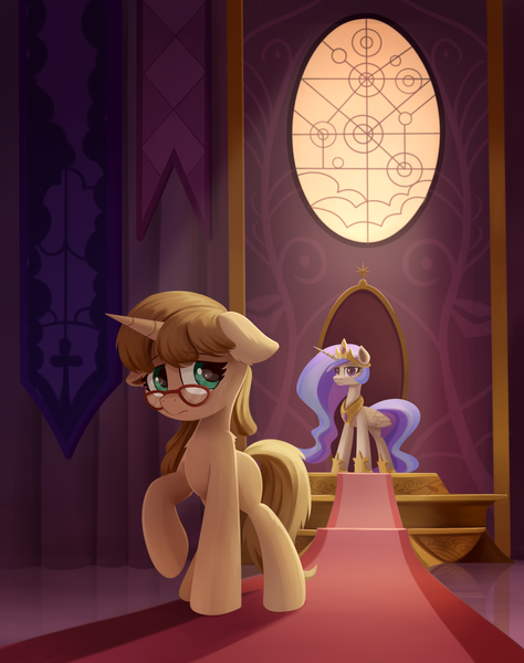 Size: 1516x1920 | Tagged: safe, artist:emeraldgalaxy, derpibooru import, princess celestia, oc, alicorn, pony, unicorn, commission, duo, eyebrows, female, floppy ears, folded wings, glasses, horn, image, indoors, leaving, looking back, mare, png, raised hoof, sad, throne room, unicorn oc, wings