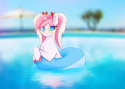 Size: 2670x1902 | Tagged: safe, artist:s410, derpibooru import, oc, oc:fuufi, pony, unicorn, blurry background, colored hooves, glasses, image, pink mane, png, pool toy, ribbon, swimming pool