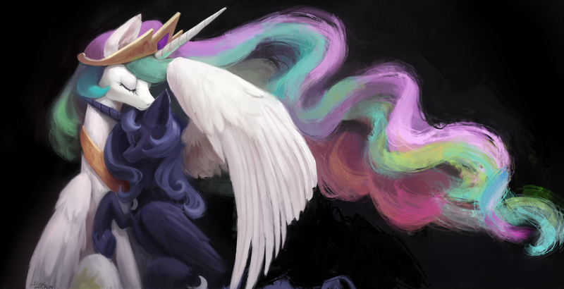 Size: 4000x2052 | Tagged: safe, artist:flvski, derpibooru import, princess celestia, princess luna, alicorn, pony, black background, eyes closed, hug, image, painterly, png, royal sisters, simple background, winghug