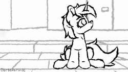 Size: 560x315 | Tagged: safe, artist:darbedarmoc, derpibooru import, oc, oc:viola, pony, unicorn, animated, city, drawing, feather, gif, image, looking at you, magic, quill, sitting, sketchbook, solo, telekinesis