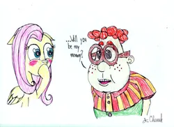 Size: 1049x762 | Tagged: safe, artist:endlesswire94, derpibooru import, fluttershy, human, pegasus, pony, blushing, carl wheezer, crossover, crossover shipping, dialogue, duo, english, gasp, image, jimmy neutron, jpeg, mommy kink, shipping, shocked, shocked expression, simple background, text, traditional art, white background