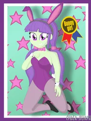 Size: 3024x4032 | Tagged: safe, artist:cyber-murph, derpibooru import, starshine, human, equestria girls, background human, bow, bunny ears, bunny girl, bunny suit, bunny tail, clothes, female, hair bow, image, kneeling, looking at you, pantyhose, pigtails, png, sexy, signature, smiling, solo, solo female, tail