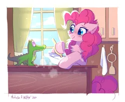 Size: 3000x2454 | Tagged: safe, artist:kejifox, artist:mirtash, derpibooru import, gummy, pinkie pie, alligator, earth pony, pony, baking, bowl, cheek fluff, chest fluff, collaboration, curtains, cute, diapinkes, duo, ear fluff, eyebrows, female, freckles, high res, hoof-friendly tool, image, indoors, kitchen, looking at each other, looking at someone, male, mare, mixing, mixing bowl, png, smiling, underhoof, window, wooden spoon