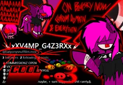 Size: 1598x1110 | Tagged: safe, artist:xxv4mp_g4z3rxx, derpibooru import, oc, oc:violet valium, bat pony, pony, :3, advertisement, arrow, bags under eyes, bracelet, clothes, collar, eyeliner, fangs, flying, full body, glaggle, hoodie, hospital band, image, makeup, png, pointing, red eyes, rubber band, scar, smiling, social media, solo, speech bubble, spiked collar, spiked wristband, tail, text, two toned mane, two toned tail, waist up, wristband