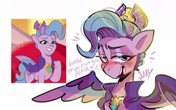 Size: 1200x750 | Tagged: safe, artist:jully-park, derpibooru import, queen haven, pegasus, pony, g5, my little pony: tell your tale, crown, female, image, implied alphabittle blossomforth, jewelry, jpeg, mare, necklace, regalia, screencap reference, simple background, white background, wings