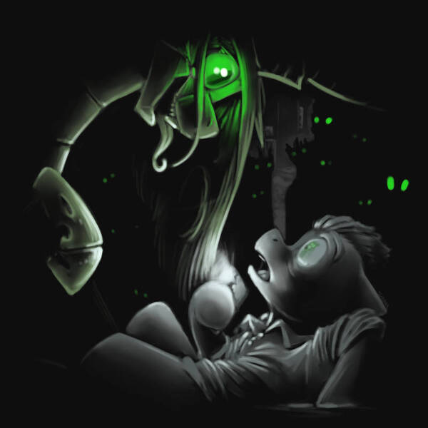 Size: 800x800 | Tagged: semi-grimdark, artist:sinrar, derpibooru import, queen chrysalis, changeling, earth pony, clothes, cyberpunk, dark background, glow, glowing eyes, image, jpeg, long tongue, mobile phone, phone, shirt, terrified, tongue out