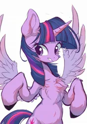 Size: 1535x2185 | Tagged: safe, artist:starbow, derpibooru import, part of a set, twilight sparkle, twilight sparkle (alicorn), alicorn, pony, belly, belly button, bipedal, chest fluff, ear fluff, female, fluffy, horn, image, jpeg, leg fluff, mare, simple background, solo, spread wings, white background, wings