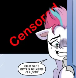 Size: 745x760 | Tagged: safe, artist:amy mebberson, derpibooru import, edit, idw, zipp storm, pegasus, pony, g5, spoiler:comic, spoiler:g5comic, spoiler:g5comic16, censored, dialogue, female, image, jpeg, mare, speech bubble