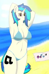 Size: 2000x3000 | Tagged: safe, alternate version, artist:fimby_vevrol, derpibooru import, vinyl scratch, anthro, arm behind head, armpits, beach, belly button, big breasts, bikini, bikini bottom, bikini top, breasts, clothes, cutie mark, glasses, headphones, image, ocean, phone, png, sand, solo, sun, swimsuit, vinyl's glasses, water