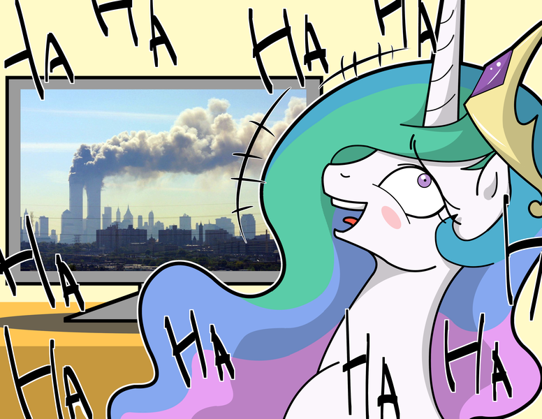 Size: 2552x1972 | Tagged: safe, artist:al-qaeda, artist:doktor-d, artist:gene boyars, edit, ponerpics import, ponybooru import, princess celestia, alicorn, pony, 9/11, blushing, celestia is amused, dark comedy, emanata, exploitable meme, female, horn, image, irl, jewelry, laughing, mare, meme, new york city, offensive, open mouth, photo, png, poor taste, regalia, shrunken pupils, smoke, solo, television, terrorism, trollestia, united states, world trade center