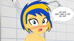 Size: 1147x645 | Tagged: suggestive, artist:richardchibbard, derpibooru import, oc, oc:flare spark, unofficial characters only, human, equestria girls, blushing, caption, female, image, jpeg, nudity, open mouth, shower, shower head, solo, speech bubble, text, tiles, water