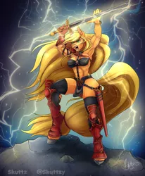 Size: 1500x1821 | Tagged: suggestive, artist:skuttz, derpibooru import, applejack, anthro, digitigrade anthro, earth pony, pony, abs, armor, breasts, busty applejack, clothes, fantasy class, female, gloves, heavy metal, heavy metal (film), image, lightning, mare, muscles, muscular female, png, socks, sword, taarna, taarnajack, thigh highs, unconvincing armor, warrior, weapon