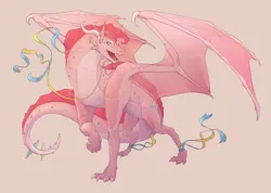 Size: 2275x1620 | Tagged: safe, artist:lyrebones, derpibooru import, pinkie pie, dragon, dragonified, image, looking at you, open mouth, pinkiedragon, png, species swap, streamers