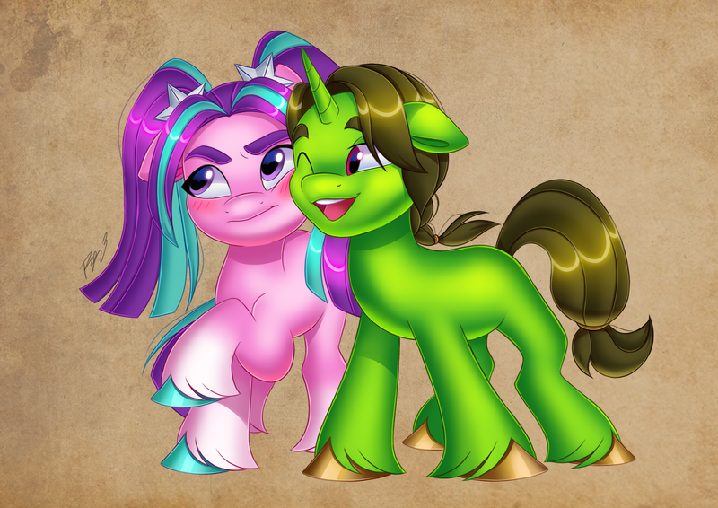 Size: 4961x3508 | Tagged: safe, artist:artharuhi, derpibooru import, aria blaze, oc, oc:tokamak, ponified, pony, annoyed, blushing, canon x oc, cute, image, nuzzling, png, tsundaria, tsundere