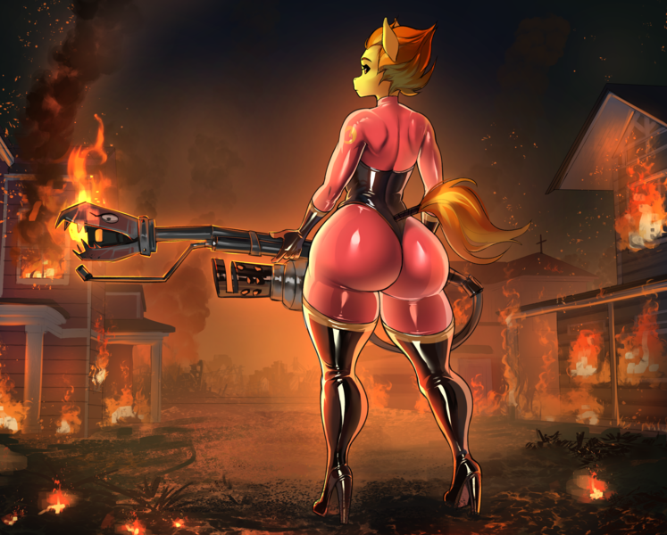 Size: 2688x2160 | Tagged: questionable, artist:transfaled, derpibooru import, spitfire, anthro, ass, bodysuit, butt, catsuit, clothes, derpibooru exclusive, female, fire, firebutt, flamethrower, gun, image, large butt, latex, latex suit, leotard, multiple variants, png, pyro, rubber, shiny, solo, solo female, team fortress 2, the ass was fat, thong leotard, weapon