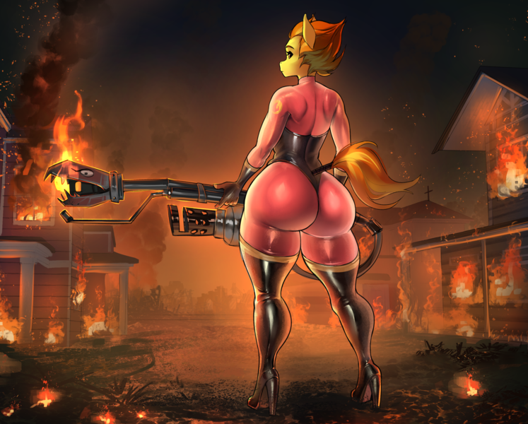 Size: 2688x2160 | Tagged: questionable, alternate version, artist:transfaled, derpibooru import, spitfire, anthro, ass, bodysuit, butt, catsuit, clothes, derpibooru exclusive, female, fire, firebutt, flamethrower, gun, image, large butt, leather, leotard, multiple variants, png, pyro, rubber, solo, solo female, team fortress 2, the ass was fat, thong leotard, weapon