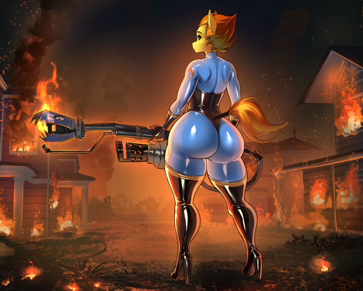 Size: 2688x2160 | Tagged: questionable, alternate version, artist:transfaled, derpibooru import, spitfire, anthro, ass, bodysuit, butt, catsuit, clothes, derpibooru exclusive, female, fire, firebutt, flamethrower, gun, image, large butt, latex, latex suit, leotard, multiple variants, png, pyro, rubber, shiny, solo, solo female, team fortress 2, the ass was fat, thong leotard, weapon