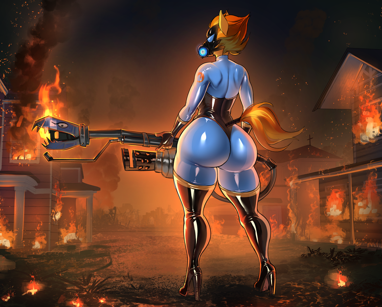 Size: 2688x2160 | Tagged: questionable, alternate version, artist:transfaled, derpibooru import, spitfire, anthro, ass, bodysuit, butt, catsuit, clothes, derpibooru exclusive, female, fire, firebutt, flamethrower, gas mask, gun, image, large butt, latex, latex suit, leotard, mask, multiple variants, png, pyro, rubber, shiny, solo, solo female, team fortress 2, the ass was fat, thong leotard, weapon