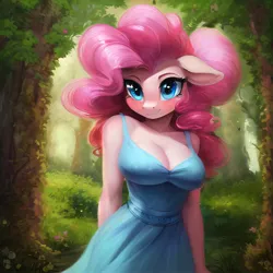 Size: 2560x2560 | Tagged: safe, derpibooru import, machine learning generated, novelai, stable diffusion, pinkie pie, anthro, earth pony, ai content, blushing, breasts, cleavage, clothes, cute, dress, female, forest, grass, high res, image, jpeg, looking at you, outdoors, prompter:endless--, reasonably sized breasts, smiling, smiling at you, solo, standing, tree