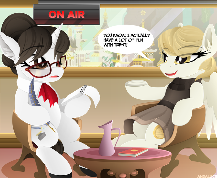 Size: 2200x1800 | Tagged: safe, artist:andaluce, derpibooru import, raven, oc, oc:sunny northfleet, pegasus, pony, unicorn, canterlot, clothes, eyebrows, female, glasses, image, interview, lineless, mare, png, raised eyebrow, scarf, sitting, skirt, speech bubble, talking